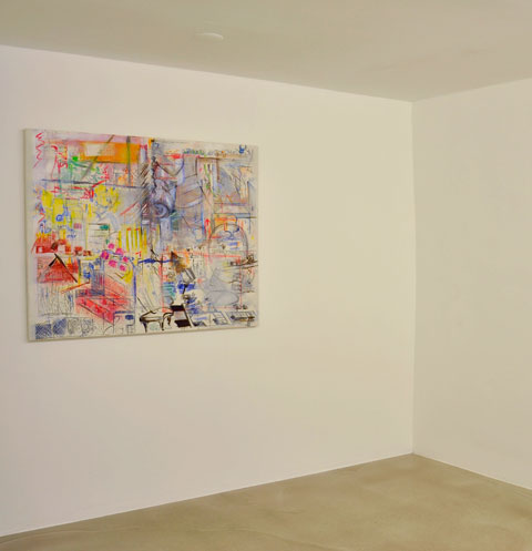 Dinge, 2012, Öl, Pastellölkreiden, Zeichentuschestifte auf Leinwand, 110 x 130 cm. Basierend auf Kinderzimmerzeichnungen meines Archivs.Teil der Ausstellung Auch das Paradies wirft Schatten, ES contemporary art gallery, Meran 2013