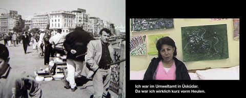 o.T. (KALABALIK), 2009, Details der Filmmontage von Fotografien Istanbuls 1999-2009 (links) und der Interviews, hier mit Afife (rechts).