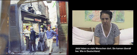 o.T. (KALABALIK), 2009, Details der Filmmontage von Fotografien Istanbuls 1999-2009 (links) und der Interviews, hier mit Fatma (rechts).