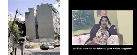 o.T. (KALABALIK), 2009, Details der Filmmontage von Fotografien Istanbuls 1999-2009 (links) und der Interviews, hier mit Gülten (rechts)