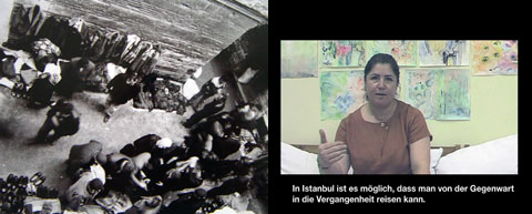 o.T. (KALABALIK), 2009, Details der Filmmontage von Fotografien Istanbuls 1999-2009 (links) und der Interviews, hier mit Tülay (rechts)