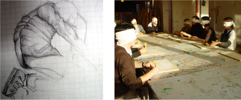 links: ESMOD,Visualisierung von Figur und Kleidung zu Atemschaukel von Herta Müller; rechts: BDK, Werkstatt, Freiheit im Kunstunterricht